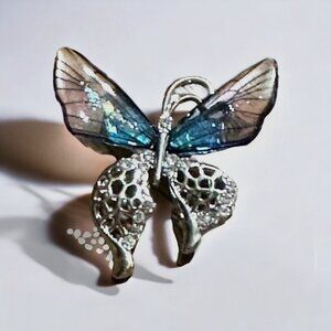 Beautiful Butterfly Brooch Delicate Lucite Wings Rhinestones and Silvery Metal